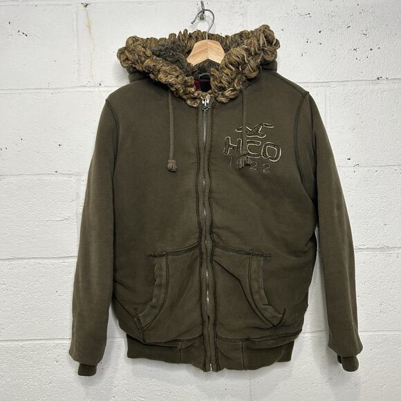 Y2K Hollister Faux Fur Plaid-Lined Full-Zip Jacket “Olive” - Picture 1 of 10